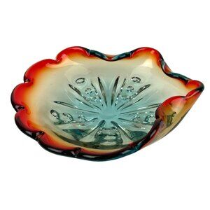 Mid-Century Murano Curved Wave Art Glass Bowl, Colorful Home Decor Blue Ombre